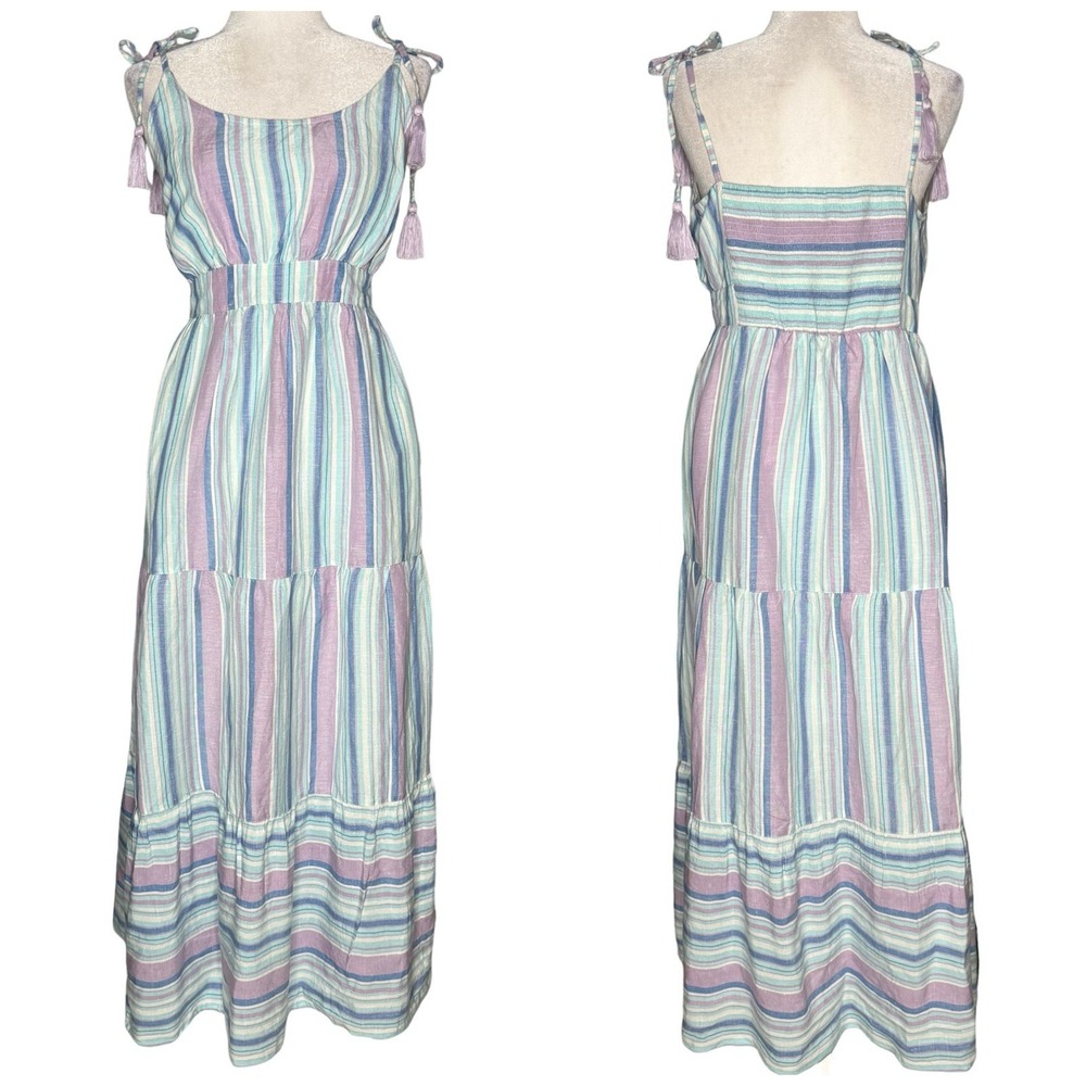 Tommy Bahama L Linen Blend Striped Maxi‎ Dress Smocked Coastal Beach Sleeveless